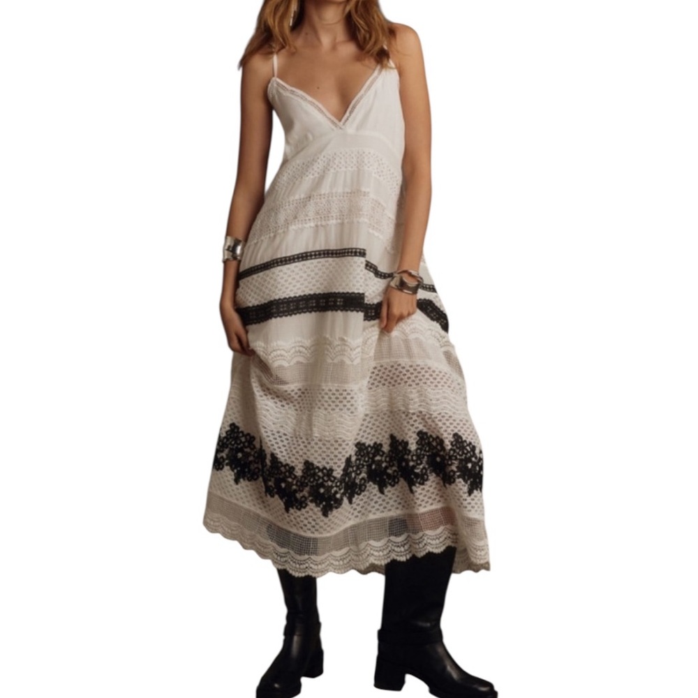 Anthropologie White Maxi Dress with Black Lace Trim
